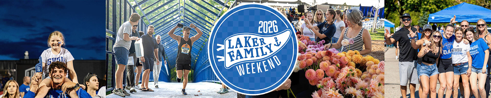 collage of photos including a young sibling sitting on top of a GVSU student's shoulders, a person running on the Little Mac bridge, students making bouquets, and a family tailgating and smiling, 2026 Laker family weekend